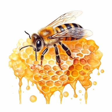 Fluffy Bumblebee on a honeycomb beehive, dripping honey, highly detailed, acrylic paint, 16k, realistic, isolated on a white background, clipart