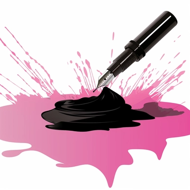 clipart vector art of a pink fountain pen creating a black inkblot on a piece of paper, digital drawing