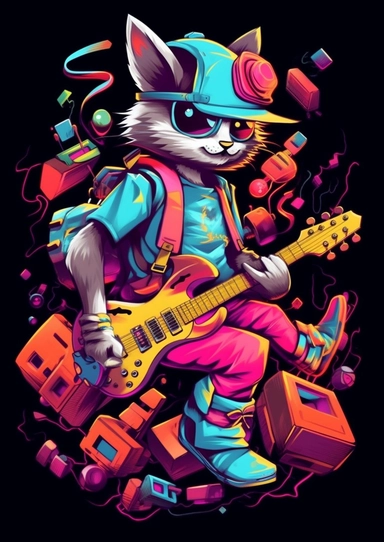 Stylized 3D vector graphic illustration of a Tshirt features 3D Design, clipart concept, An anthropomorphic humanoid, A Rainbow Pantone Kittens Male character with the ability to control and morph from energy IN Swoon graffiti artwork and graffiti design, Playing the GUITAR, Wearing clothes Hiphop STYLE, Contour Drawing with Fine Line Artwork, Macro Detailed, Focused on the character, Clear visuals, Highest Resolution 3D Adobe Illustrator file Eps format, Style of photo-realistic techniques, 3D 