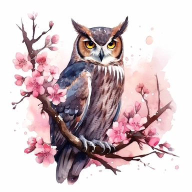 Design a whimsical, watercolor-style clipart featuring a Great Horned Owl sitting contentedly on a branch laden with cherry blossoms. The owl should be gazing at a firefly, with the glow from the firefly reflecting in its eyes. Utilize watercolor's natural fluidity to evoke the tranquillity and softness of a spring evening