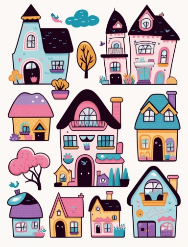 big houses and small houses, clipart style, vector, logo, cute, golden, purple, teal, pink, lite blue, picture book style, children's lesson book, captivating, kid friendly cute character, black and white, coloring book style, cartoon style, vector image, simple, line art style, character, white background