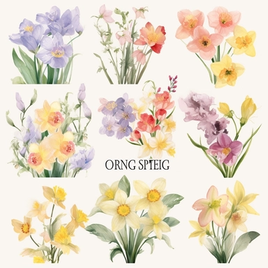 Create a breathtaking collection of ultra-detailed Watercolor Spring Flowers, capturing the essence of the vibrant and blossoming season. Showcase an array of enchanting spring blooms, from delicate daffodils to a variety of wild flowers, each delicately painted in watercolor. Embrace the soft pastel palette of spring, with gentle hues of pinks, purples, yellows, and greens that evoke a sense of freshness and renewal. Pay meticulous attention to detail, ensuring that each flower is meticulously 