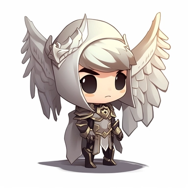 zeeb labs art style boy, angel knight, tiny chibi body with white armor, crown, lighting, armored wings, smerk, super long cape, smile, clipart, sticker, no background, hd