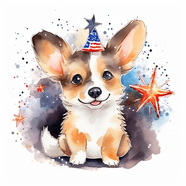 watercolor clipart. cute baby black and brown corgi celebrating the fourth of july. Surrounded by stars and fireworks--s700--ar16:9
