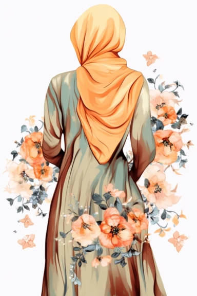 Hijabi woman back full body view clipart illustration, no face is seeing, muslim lady clipart, veiled woman clipart, floral lady hijab clipart , spring colors, digital illustration style,