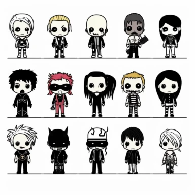 a set of black line clipart inspired by ramen and mutants and killer puppets and Funko Pop toys