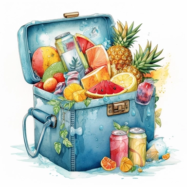 watercolor, hyper realistic, white background, white margins, 16k, ultra detailed clipart, cut out image, hand-drawn, whimsical a vibrant beach cooler filled with ice and tropical drinks. Bright turquoise, sunny yellow, and vibrant coral