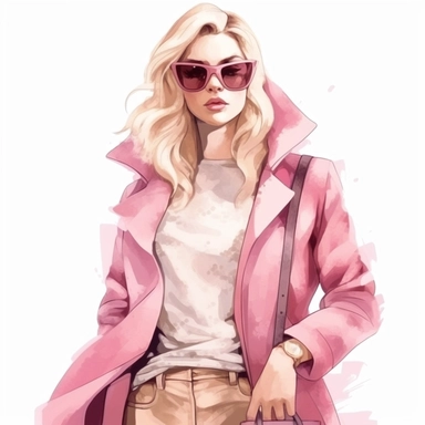 beautiful blonde girl in fashionable clothes in shades of pink and cream, clipart, isolated on white background, 4K