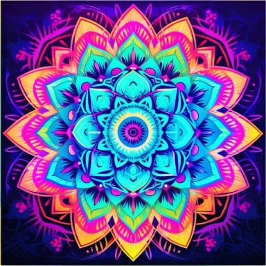 Clipart. White background. Vibrant neon mandalas illuminate the foreground with their intricate and mesmerizing patterns. The bold use of neon colors adds an electrifying energy and modern aesthetic to the traditional art form, symbolizing the dynamic nature of cultural evolution and artistic expression. Delicate lotus flowers, sacred geometric shapes, or subtle references to spiritual concepts enhance the depth and meaning of the artwork, inviting viewers into a meditative and transformative ex