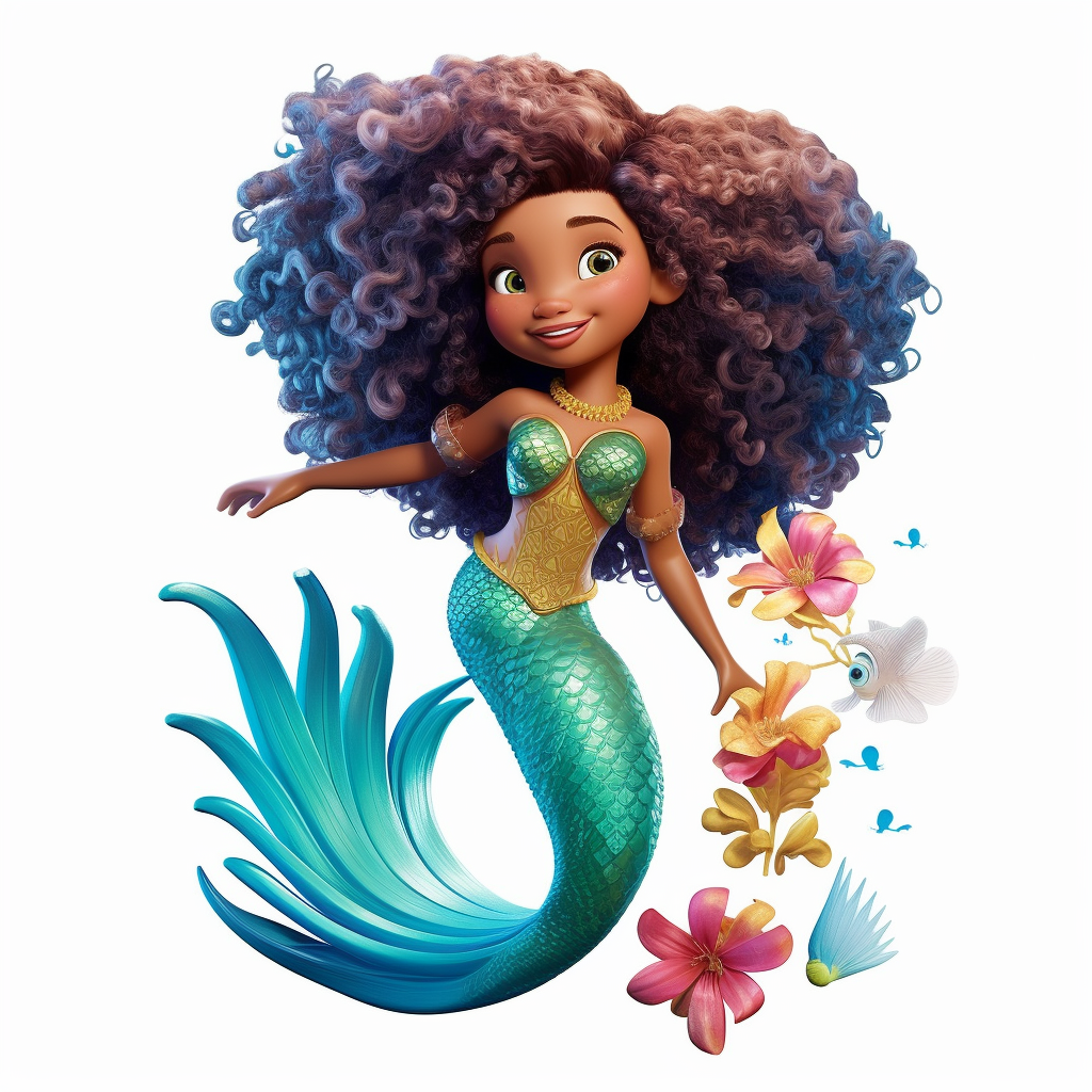 a dark complexion, a mermaid with afro textured hair, age 6, with a ...