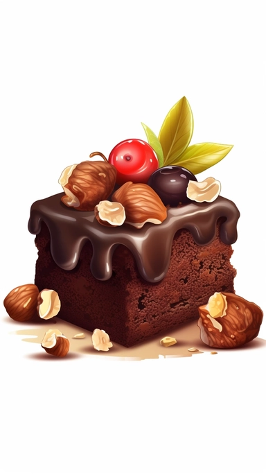 cartoon style, clipart, chocolate brownie with nuts on the top