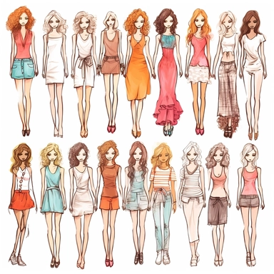 colored doodle hand drawn illustrations of different Barbie dolls clipart, white solid isolated background, very fine pencil style, minimalist sketches, very thin lines, delicate lines, simplistic designs, accurate and detailed, meticulous design, high quality