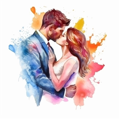 Artistic cute wedding illustrations clipart, newlyweds, on a white background, vibrant color watercolors, husband and wife on their wedding day, love, realistic watercolor painting style
