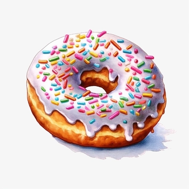 High resolution, Watercolor Donut Clipart, Sweet Bakery Food, hyper realistic painting, clipart, With white background for removing, no text on image