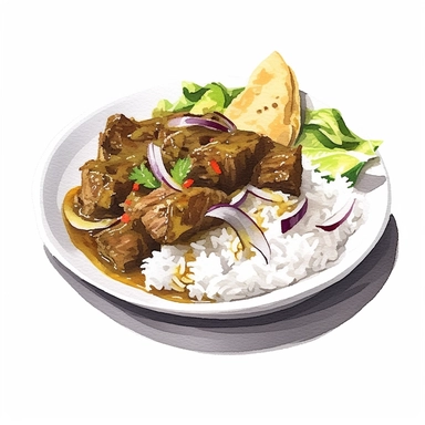 watercolor curry goat , white rice, steamed cabbage, west indian food, carribean food, clip art , hd, white background, spaced out, cartoon realism details--ar 3:2