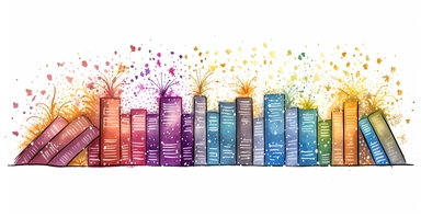 A row of books in different colors, fairytale, fantasy, magic sparkles, colorful sparkles erupting out of the top of the books, pastel, white background, contour, clipart,
