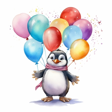 realistic, high resolution, smiling penguin with baloons, cartoon, watercolor clipart, completely white background