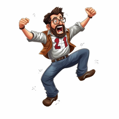 a cartoon clipart image of an excited male elementary school teacher wearing a football jersey and jumping up and down and yelling, white background, vector art