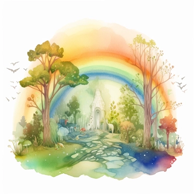 a watercolor of a mythical forrest scenery with rainbow, realistic fantasy Style, vector free clipart illustration, in the style of unreal engine 5, 32k uhd, detailed features, white background