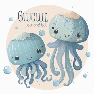 baby jelly fish clipart, in the style of muted and subtle tones, cartoon, close up, booru, wimmelbilder, hand-painted details, charming characters, thick texture, blue hues