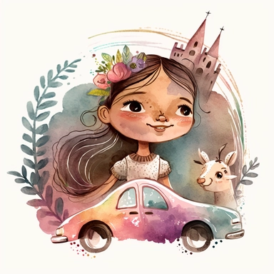 watercolor clipart, A car racing with a family inside, a 6-year-old child and the parents, motion, magical stories coming out of the windows, the girl sees a princess and a unicorn and witch outside the car, magic, illustration story book style for childr