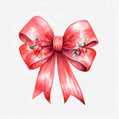 Generate clipart of a watercolor-style gift bow, little flowers around, in pastel red light tones, high detail, 8k, white background, clipart