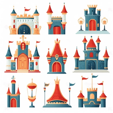 simple flat Clipart on white background, royalty related items, castle, crown, throne, king, queen, courtyard, all separate and not touching