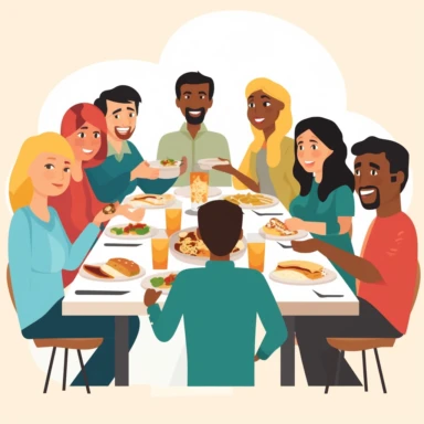 a multicultural lunch between coworkers where veryone brings a meal from their cultural origins. The image has a clear colored background and some white space on top of the image. Everyone is happy. Must but in clipart, cartoon style
