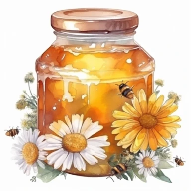 realistic honey jar covered with flowers in watercolor style clipart, highly detailed, isolated, on white background 8k
