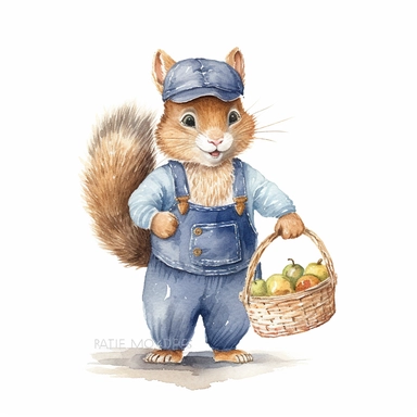 An anthropomorphic squirrel wearing a brown nut-patterned jumpsuit and a dark blue farmer's cap clipart,happy expression,Storing nuts in a little sack , standing dynamic pose, front side view, in the style of watercolor cartoon clipart, beatrix potter style, pixar style, high resolution, composition free space, pastel color scheme, soft and tender, watercolour clipart, watercolor illlustration for kids and children,isolated white background, clipart most popular on etsy, book illustration, featu