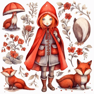 red riding hood clipart, vector art, clip art, clipart, in the style of claudia tremblay, birds& flowers, kawaii manga, realistic watercolors, dark white and light orange, eleanor fortescue - brickdale, isolated figures