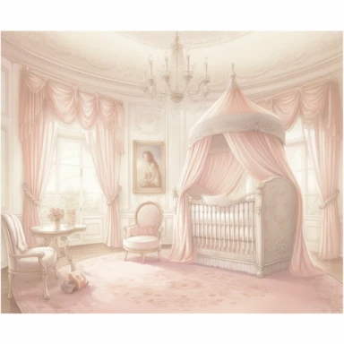 panoramic view, full view, beautiful elegant royal baby girl nursery room drawing painting, frilly, romantic, fantasy, ethereal, light pink and white colors, beautiful crib with beautiful full flowing canopy, beautiful bling crystal chandelier, soft pink teddy bear, beautiful large Victorian style window with beautiful pink flowing drapes, faux fur rug, sharp focus, high detail, 8k, illustration clipart style, transparent background