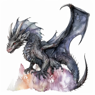 Fantasy magic black Dragon Watercolor Clipart, white background