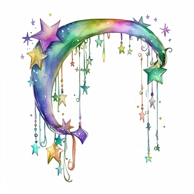 cartoon fairy arc, star dangles , glowing lights and sparkles, colors of green purple gold and blue, glamorous realistic and detailed, watercolor, white background with margins, clipart style