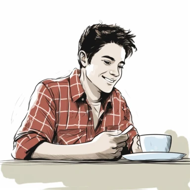 color drawing of a happy male teenager eating breakfast at a table. He is wearing a red and white plaid button-down shirt with a white shirt underneath. His hair is short and mussed up. The style is simplistic and used for clipart and thumbnail. Plain white background.