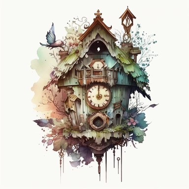 a hyper-detailed illustration watercolor clipart,watercolor cartoon of cuckoo clock on wall isolated on white background with margins, cut-out images,shinkai makoto