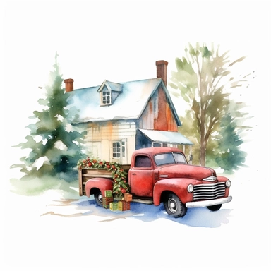 Christmas Truck Watercolor Clipart, hd--v 5