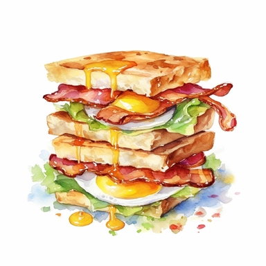watercolour, clipart, white background, breakfast sandwich with layers of bread, eggs, bacon or sausage, cheese, and vegetables