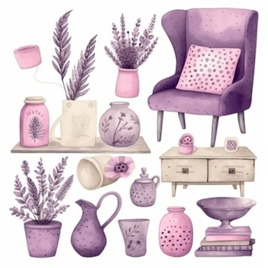 cute watercolor home decor items, vase, pillow, wall frame with lavender flowers, in the style of hot pink, lavender and beige colors, intricate illustrations, primitivist elements, dotted, pencil texture, vivid color palette, Clipart Collection, objects isolated on white background