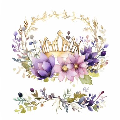 line of purple and lilac watercolor flowers with a simple clipart princess crown on top, watercolor gold, green, purple, white background