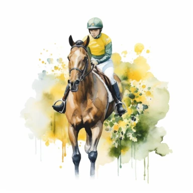 ace horse, with jockey, with yellow flowers water color, white backhround, clipart