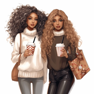 christmas african american best friends long curly hair clipart girlfriends,full body, fashion, pretty face. holding Chanel purse and Starbucks coffee illustration