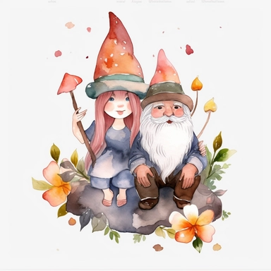 watercolor, spring Gnome Couple and Halloween Decor png Full body realistic cartoon in 32K UHD cute. 15 cm thick outline. Black color. There was no shadow on the ground. 8k with realistic watercolors and detailed illustrations. PNG clipart, transparent white background