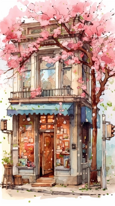 Very very cute and Whimsical quirky Jazzy coffee shop, building corner, cherry tree blossom, Raining colorful, Watercolored illustration in the style of Michael Powell, clipart, city vibe background - 8K