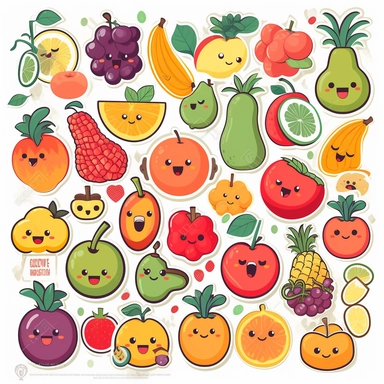 clipart stickers for happy fruit desgins, cartoon, 8k, white background, stickers, apples, bananas, Oranges, Grapes, Strawberries, blueberries, pineapples, mangoes, watermelons, Kiwis, High resolution 300DPI