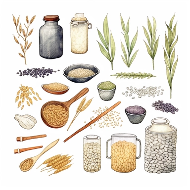 Watercolor 반찬, illustrations clipart set, simple, soft colors, cartoon elements, different variants, rice, 김치, 도라지나물, 가지나물, 파전, 단무지, 잡채, 미역무침, 콩나물, porcelain elements, chopsticks , separate elements with a margin
