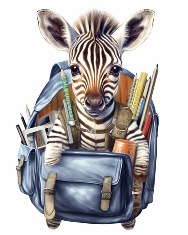 detailed watercolor Baby Zebra with a school bag , hyper realistic, isolated on a white background, clipart