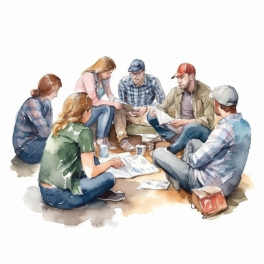 A group of people sitting in a circle on the floor, reading books and discussing - watercolor illustration with photorealistic high details clipart, white background