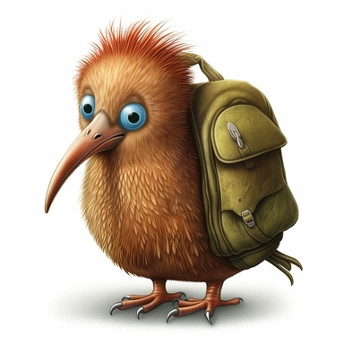baby kiwis bird, clip-art, oval-shaped body, brown short feathers, very long beak, very short legs, no wings, wearing a backpack, infront of a school