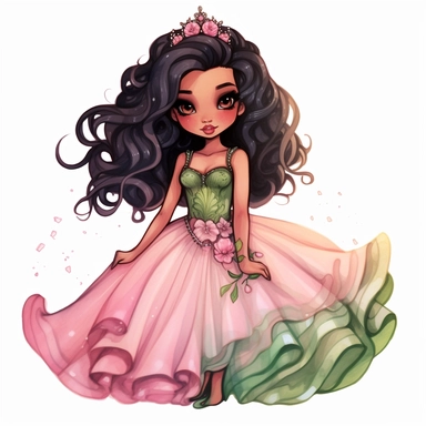 A cute detailed black girl in chibi style, Jasmine Becket - Griffith style, watercolour illustration clipart with real glitter detail, wearing a beautiful pink full length ballgown style dress, the girl has long black hair, the girl has green eyes, full body image, with feet isolated on a white background,